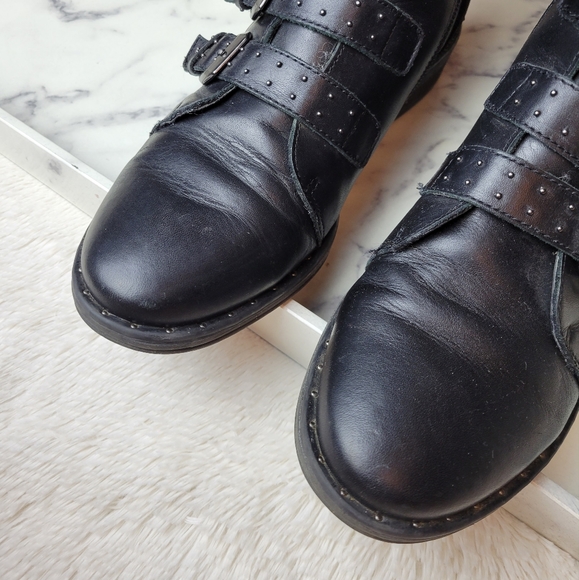 STEVE MADDEN Pursue Black Studded Buckle Strappy Leather Moto Combat Boots Sz 9 - Picture 8 of 14